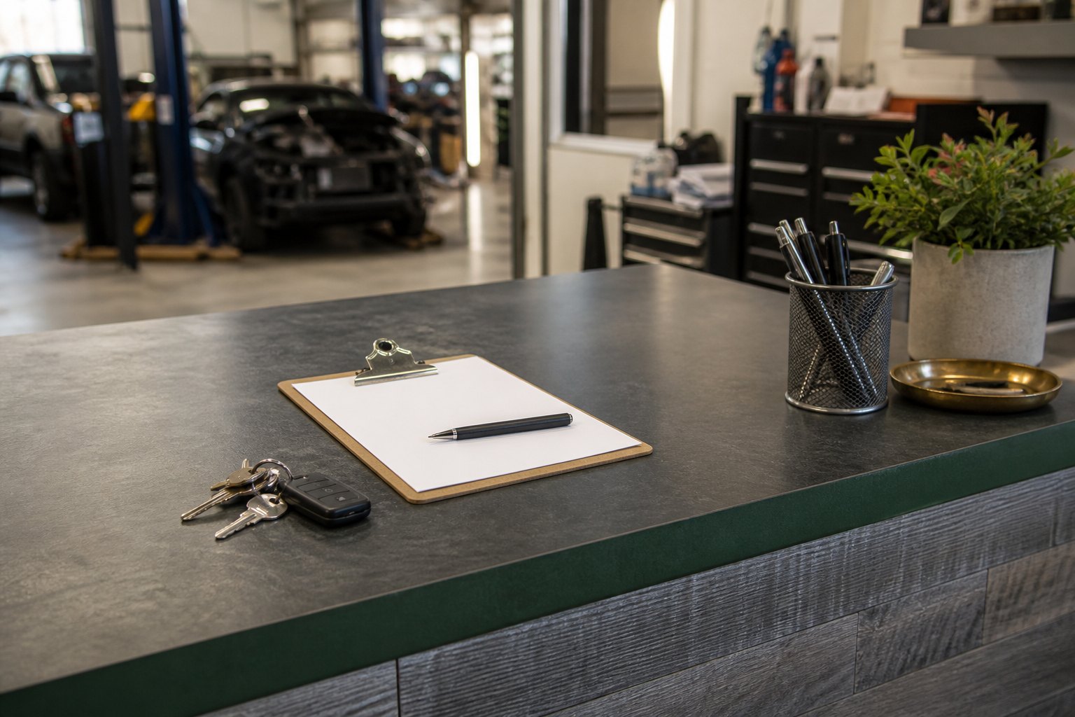 Car keys and a clipboard on the front counter