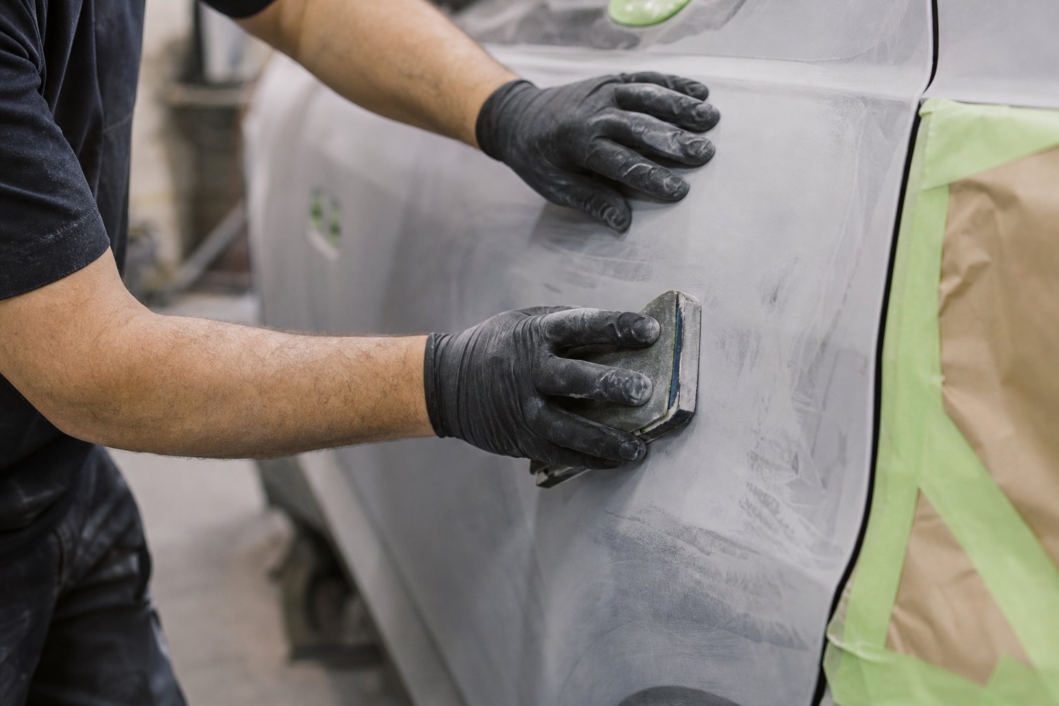 A technician block-sanding a primed panel with the surrounding area masked off