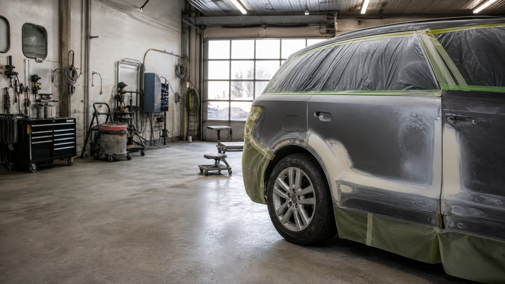 A car masked off for paint in a repair bay